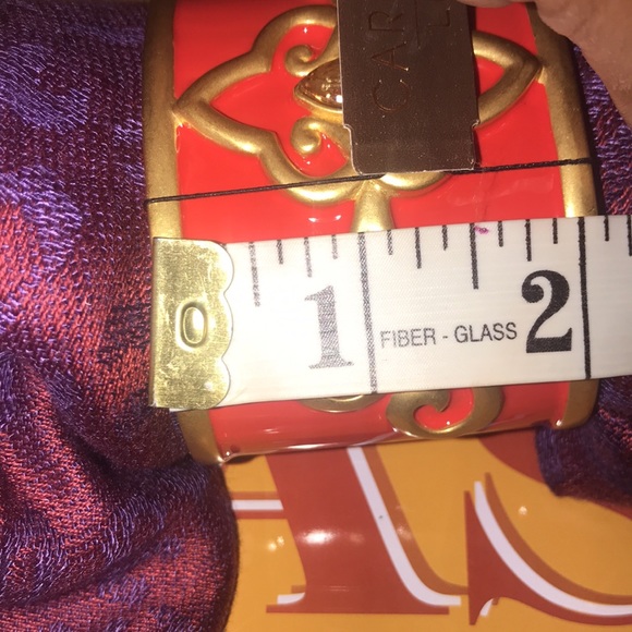 New Scarlet Red Open Cuff Bracelet Gem Center Gold Tone Scrolls By Carolee Lux - Picture 9 of 13